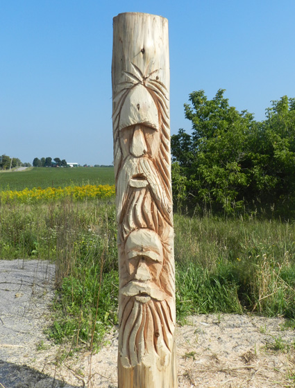 tree spirit cedar log carving showing a face